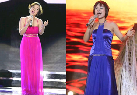 Ca sĩ Mỹ Linh (trái) và Mỹ Như trong chương trinh Duyên dáng Việt Nam 23 vào đêm 8/1/2011 vừa qua.